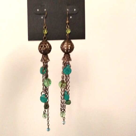 Vintage Teal Blue Beads Brass Dangle Drop Earrings Timeless VTG Jewelry - Picture 4 of 6